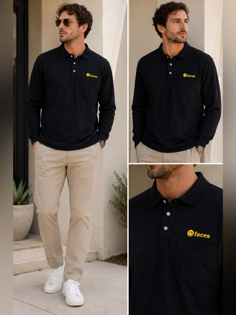 🖤 Lands' End Black Long Sleeve Polo Shirt with Embroidered Faces Logo 🟡